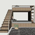 Wooden Bunk Bed with Staircase Railing and Built in Storage Shelves on Geometric Rug