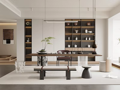 Modern Tea Room Interior Design With Long Wooden Table Tea Sets And Green Plant 3d model