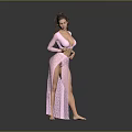 Woman in Pink Long Sleeve Dress With High Slit and Curly Brown Hair