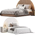 Stylish Kids Bed With Curved Upholstered Headboard Soft Pillows And Striped Bedspread