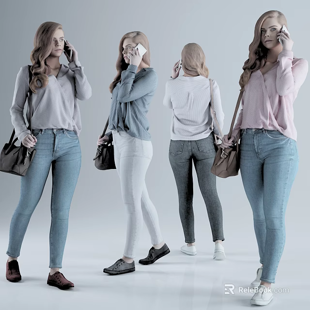 Multiple Women In Casual Outfits With Jeans Tops And Handbags Front Back Side Views 3d model 