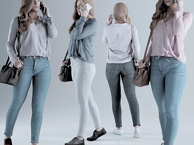 Multiple Women In Casual Outfits With Jeans Tops And Handbags Front Back Side Views 3d model