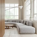 Elegant Dining Living Room Interior With Wooden Table Sofa Pendant Light And Large Windows