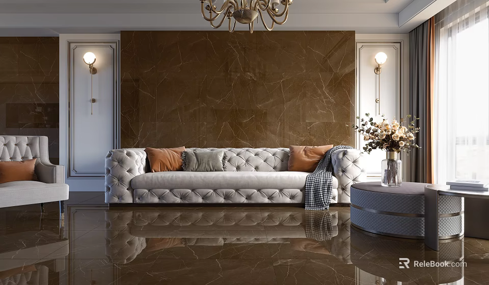 Elegant Living Room Interior With Dark Brown Marble Accent Wall White Tufted Sofa And Chandelier 3d model 