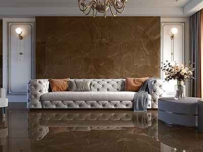 Elegant Living Room Interior With Dark Brown Marble Accent Wall White Tufted Sofa And Chandelier 3d model