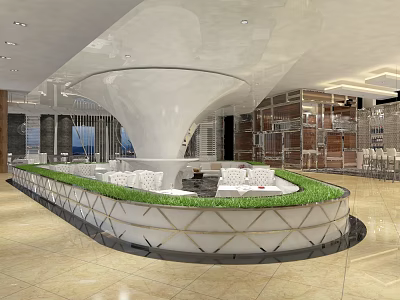 Elegant Modern Restaurant Interior With Circular Lounge Green Turf And White Sculptural Ceiling 3d model