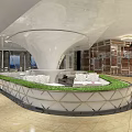 Elegant Modern Restaurant Interior With Circular Lounge Green Turf And White Sculptural Ceiling