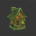 Fairy Tale Style Small Cottage With Green Roof Chimney Orange Walls Steps And Lit Window