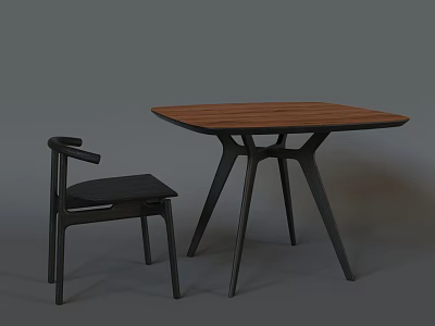 Modern Minimalist Dining Table Set With Square Wooden Top And Black Legs And Matching Chair 3d model