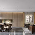 Traditional Chinese Style Office Interior With Wooden Furniture Landscape Painting Sofa Desk And Bookshelves