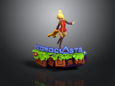 3D Character Standing On Decorative Platform With ICONOCLASTS Text Green Leaves And Red Flowers 3d model
