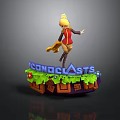 3D Character Standing On Decorative Platform With ICONOCLASTS Text Green Leaves And Red Flowers
