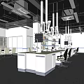 Modern Laboratory Interior With Lab Counter Chairs Shelves Hanging Lights And Plants