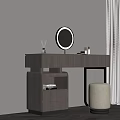 Minimalist Gray Vanity Table With Round Mirror Drawers Shelf And Beige Stool 3d model