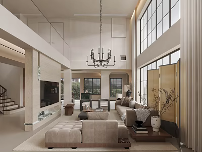 Modern Spacious Open Plan Living And Dining Room With High Ceiling And Large Floor Windows 3d model