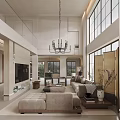 Modern Spacious Open Plan Living And Dining Room With High Ceiling And Large Floor Windows