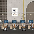 Modern Office Workspace With Multiple Office Desks Computers Ergonomic Chairs Plants And Decorative Wall Art