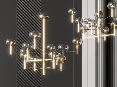 Modern Geometric Chandelier With Glass Balls And Metal Frame Illuminated In Interior 3d model