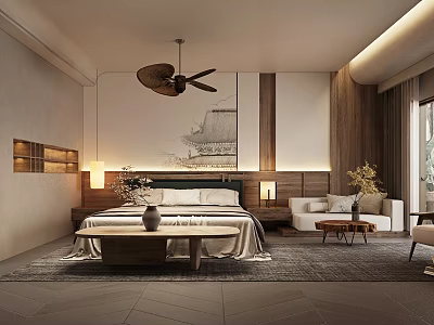 Comfortable Hotel Room Interior With Wooden Accents Ceiling Fan Sofa And Decorative Painting 3d model