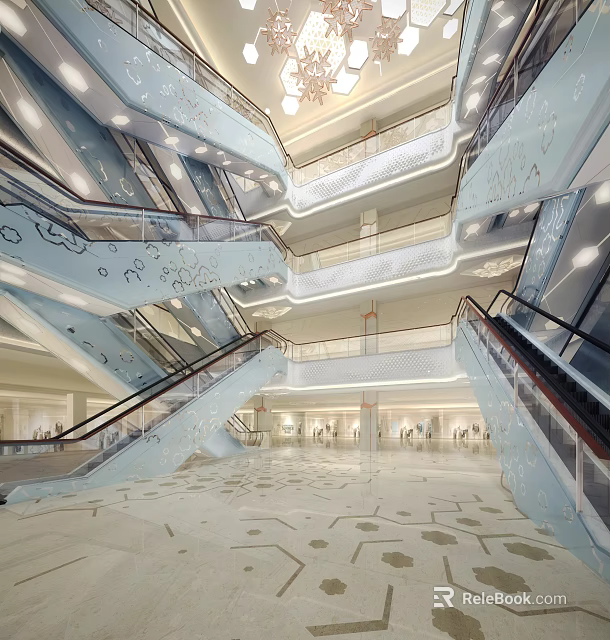 Bright Spacious Modern Shopping Mall Hall With Elegant Escalators And Upscale Exquisite Interior Design 3d model 