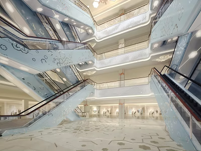 Bright Spacious Modern Shopping Mall Hall With Elegant Escalators And Upscale Exquisite Interior Design 3d model