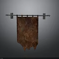 Medieval Brown Banner With Intricate Red Pattern Mounted On Metal Rod