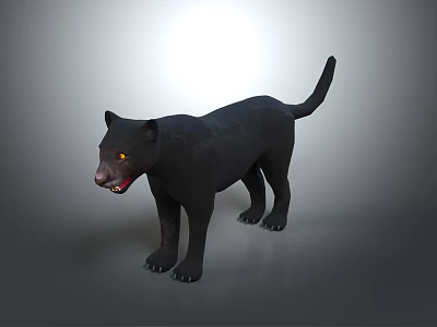 Black Panther With Black Fur And Yellow Eyes Standing On Gray Background Showing Teeth 3d model