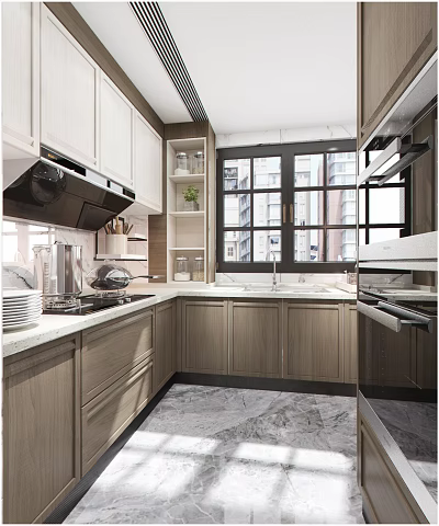 Modern Kitchen Interior With Cabinets Large Window Countertop And Appliances 3d model