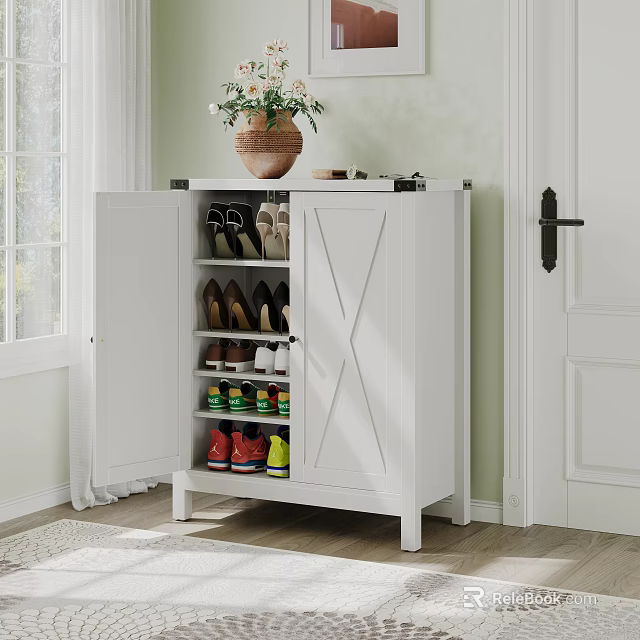 White Shoe Cabinet With Double Doors Shelves for Shoes and Decorative Vase on Top 3d model 