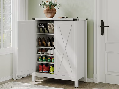 White Shoe Cabinet With Double Doors Shelves for Shoes and Decorative Vase on Top 3d model
