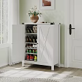 White Shoe Cabinet With Double Doors Shelves for Shoes and Decorative Vase on Top