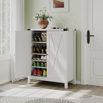 White Shoe Cabinet With Double Doors Shelves for Shoes and Decorative Vase on Top 3d model