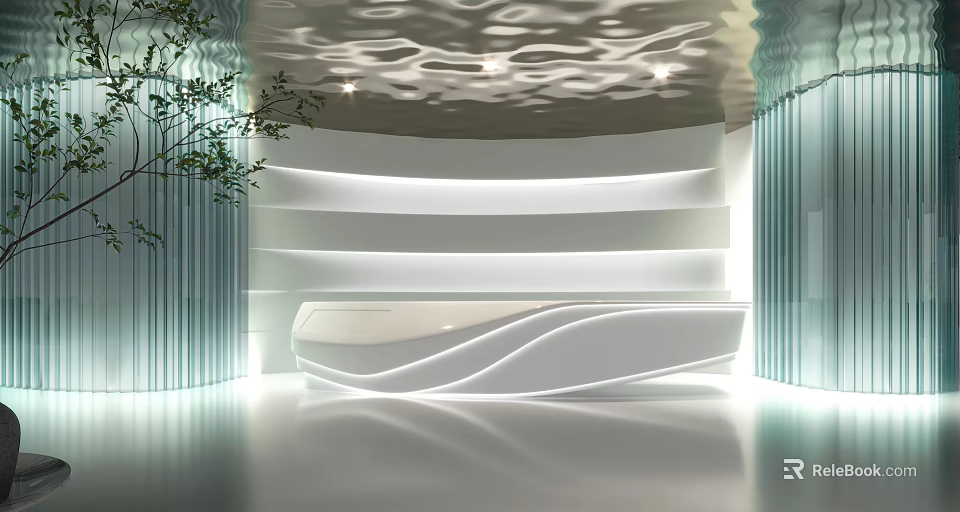 Modern Reception Desk Area With Curved Design And Ambient Lighting Elements 3d model 