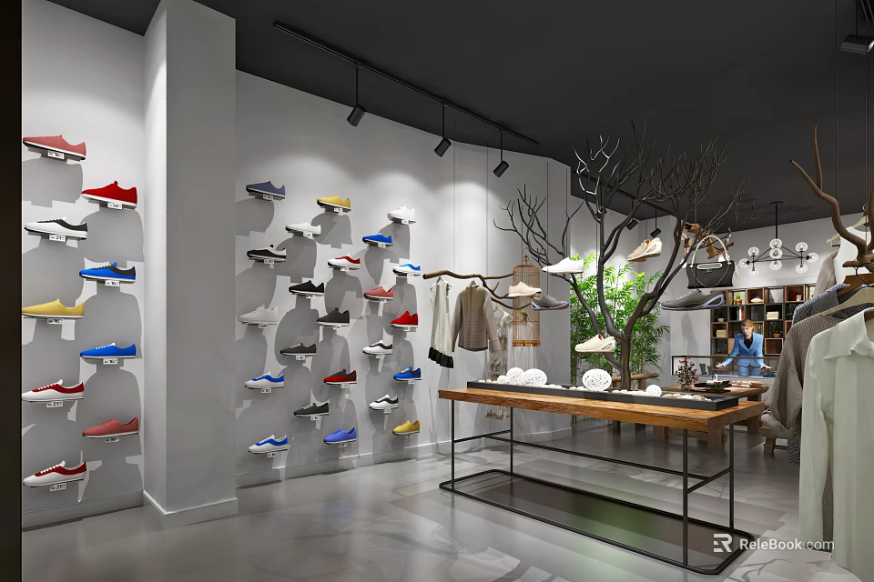 Modern Clothing Store Interior With Shoes On Walls Hanging Clothes Display Table And Tree Decoration 3d model 