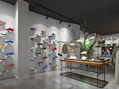 Modern Clothing Store Interior With Shoes On Walls Hanging Clothes Display Table And Tree Decoration 3d model