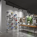 Modern Clothing Store Interior With Shoes On Walls Hanging Clothes Display Table And Tree Decoration
