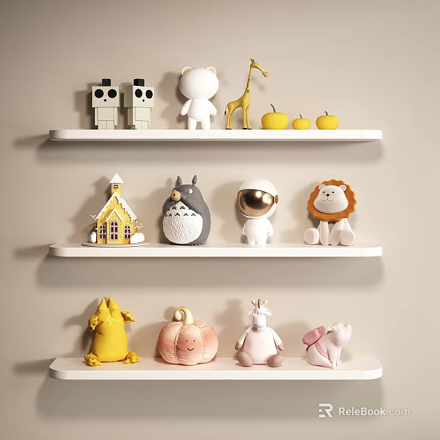Colorful Decorative Ornament Set With Animal Cartoon Figures Mini House And Fruits On White Shelves 3d model 