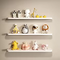 Colorful Decorative Ornament Set With Animal Cartoon Figures Mini House And Fruits On White Shelves