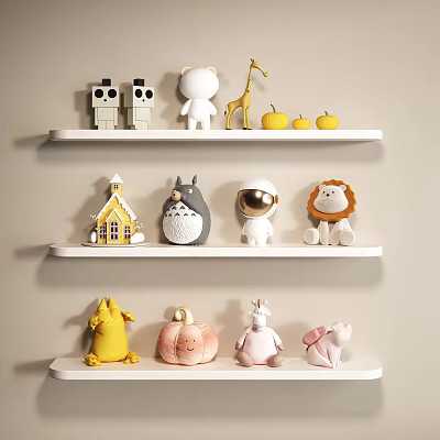 Colorful Decorative Ornament Set With Animal Cartoon Figures Mini House And Fruits On White Shelves 3d model