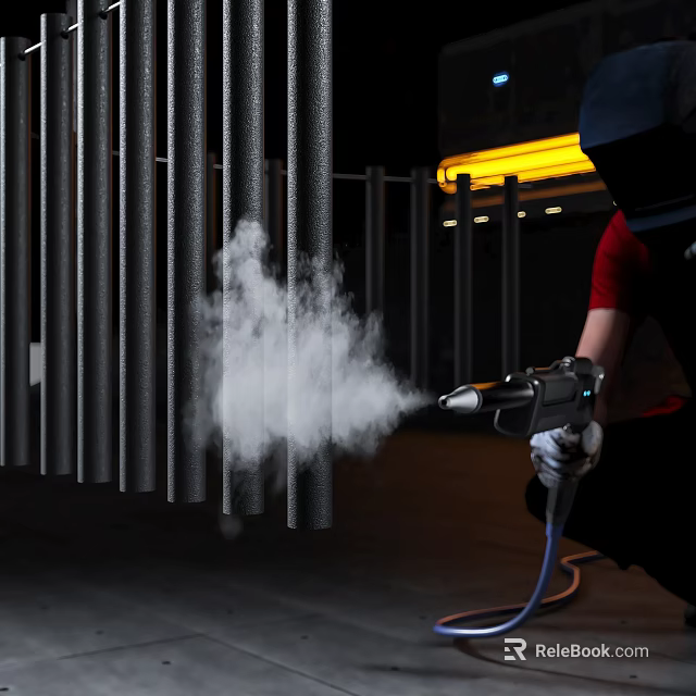 Industrial Equipment Spray Gun In Operation Spraying Black Pipes With White Mist And Protective Gear 3d model 