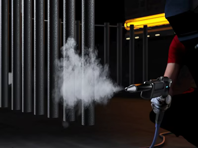 Industrial Equipment Spray Gun In Operation Spraying Black Pipes With White Mist And Protective Gear 3d model