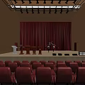 Modern Auditorium Interior With Red Seats Stage Red Curtain And Podiums