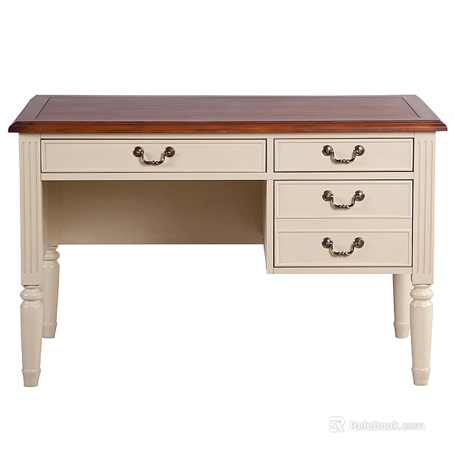 Classic Style Desk With White Drawers Brown Wooden Top And Metal Handles 3d model 