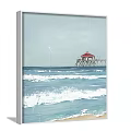 Coastal Landscape Painting With Beach Waves Pier And Red Roof Hut