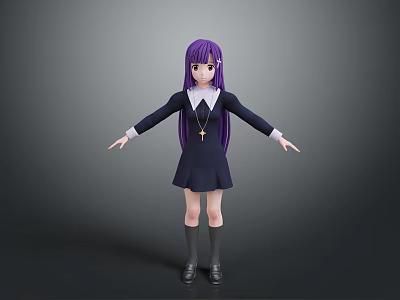 Anime Style Girl Anime Girl Dress Long Hair Cross Wooden Plate Japanese Uniform Middle School Student Purple Hair Cartoon Items Cartoon Equipment 3d model