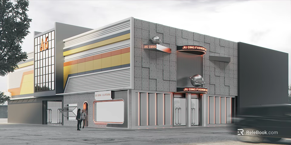 Modern Storefront Facade Design With Gray Concrete Panels Colorful Stripes Neon Sign And Glass Doors 3d model 