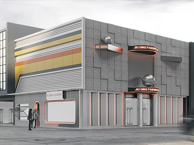 Modern Storefront Facade Design With Gray Concrete Panels Colorful Stripes Neon Sign And Glass Doors 3d model