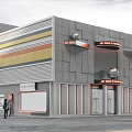 Modern Storefront Facade Design With Gray Concrete Panels Colorful Stripes Neon Sign And Glass Doors