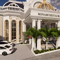 Elegant White Detached Villa With Golden Dome Columns Palm Trees And White Cars