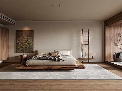 Modern Bedroom Interior Design With Wooden Bed Area Rug Ladder Artwork And Wooden Floor 3d model